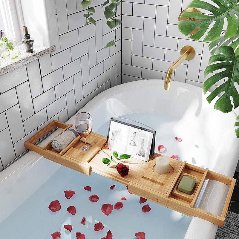 浴缸架竹木泡LOK欧式伸缩防滑浴缸澡浴室置物架板手机架木桶平架
