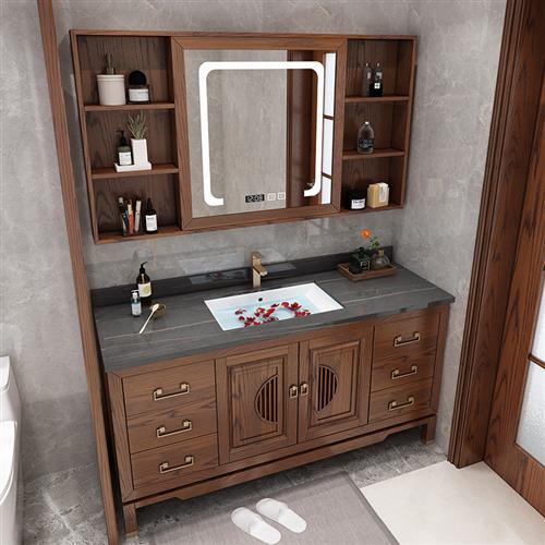 2023新中式红橡木岩板浴室柜组合卫生间实木智能洗脸手盆柜洗漱台