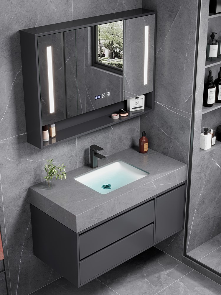 岩板陶瓷一体盆浴室柜组合现代简约卫浴卫生间洗手台面漱洗脸盆柜