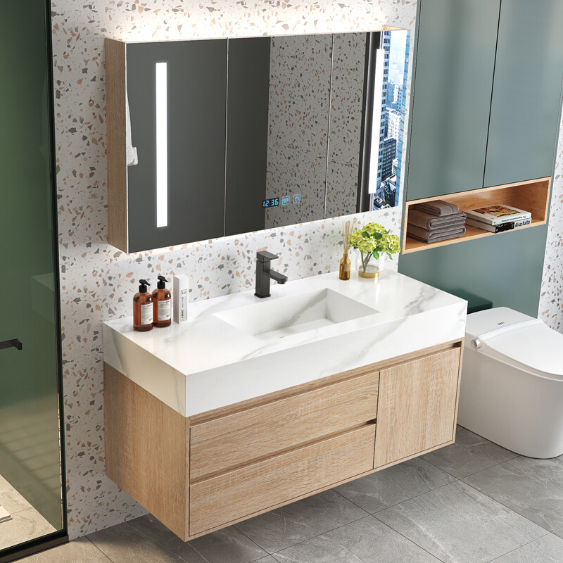 原木色浴室柜组合北欧现代轻奢洗脸洗手池卫生间岩板一体洗漱台盆