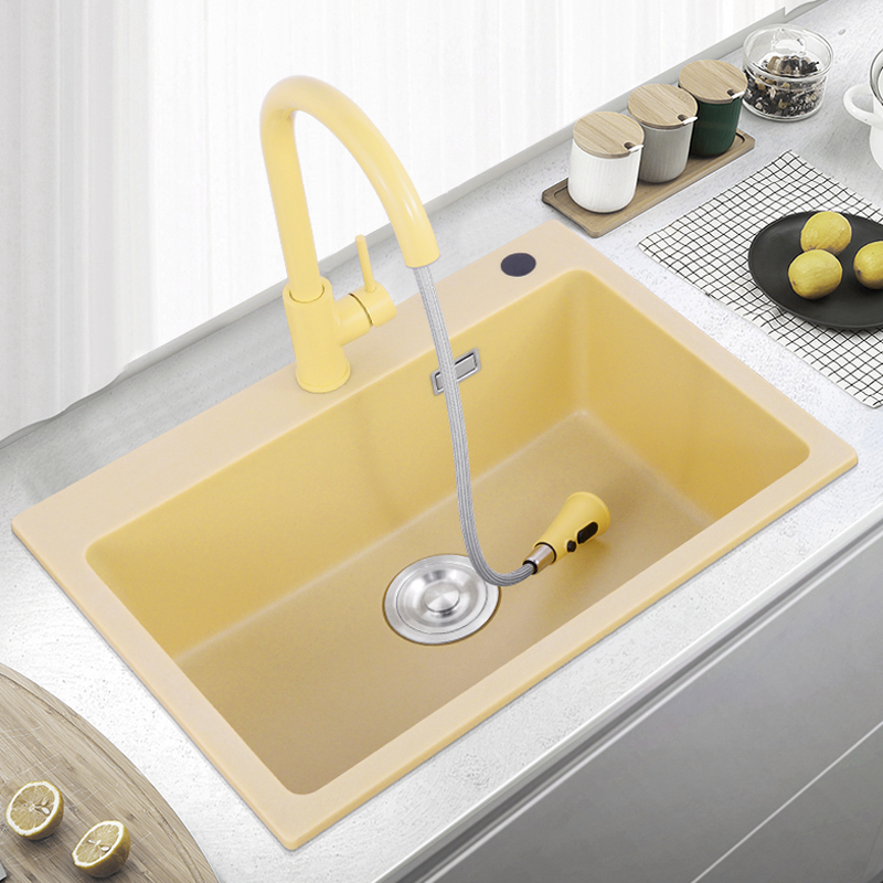 奶黄色花岗岩水槽大单槽台下洗碗槽石英石厨房洗菜盆家用网红水池
