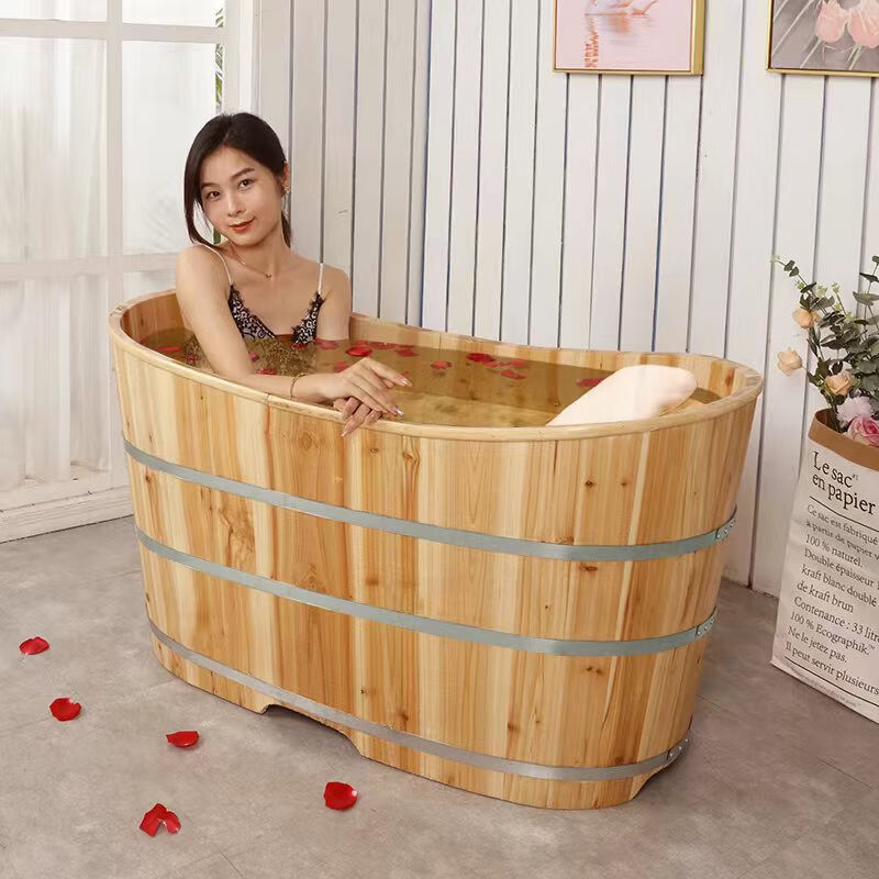 美容院加厚三箍泡澡木桶浴桶浴缸木质成人家用洗澡盆全身薰蒸带盖