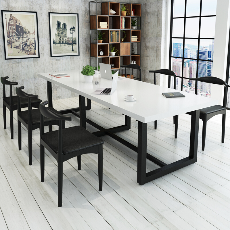 工业风办公桌实木洽谈桌椅组合北欧长方形小型会议桌长桌6人
