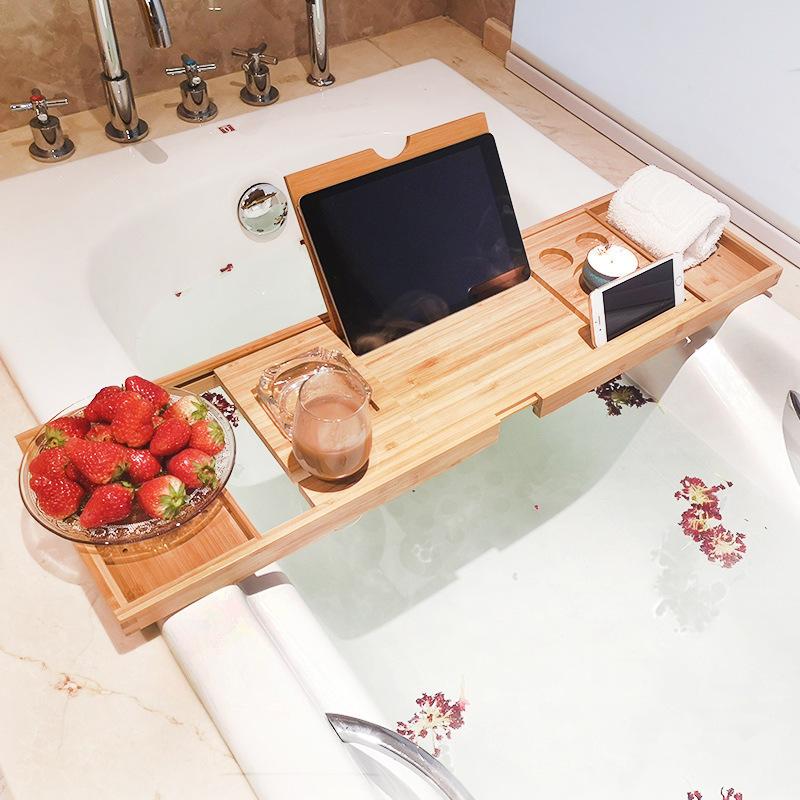 浴缸泡澡置物架伸缩支架架浴盆防滑多功能卫生间手机欧式竹制平板
