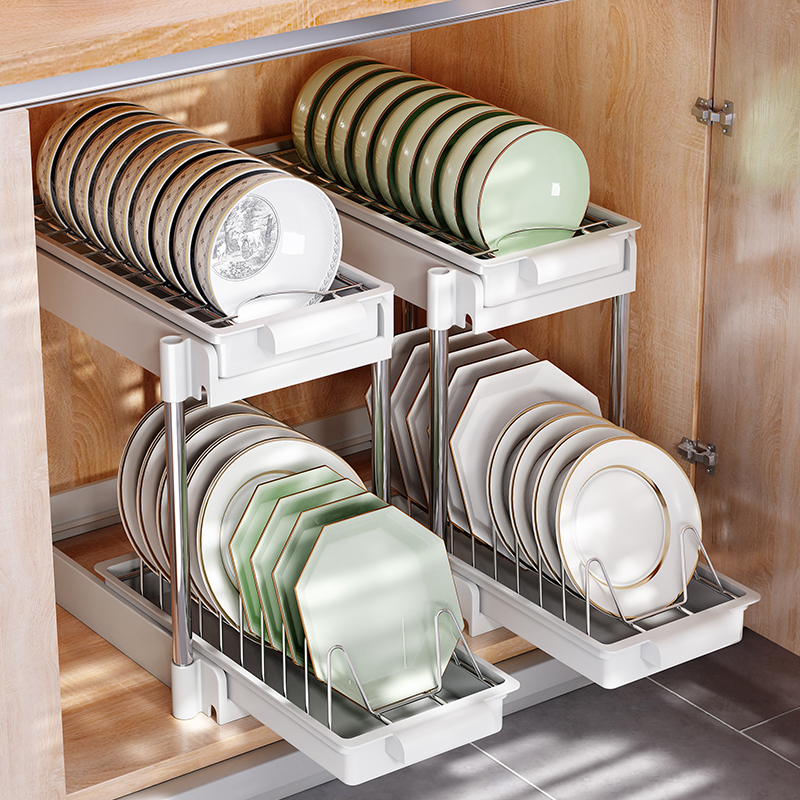 碗碟收纳架橱柜内抽拉厨房下水槽置物架双层抽屉式沥水碗盘碗架子