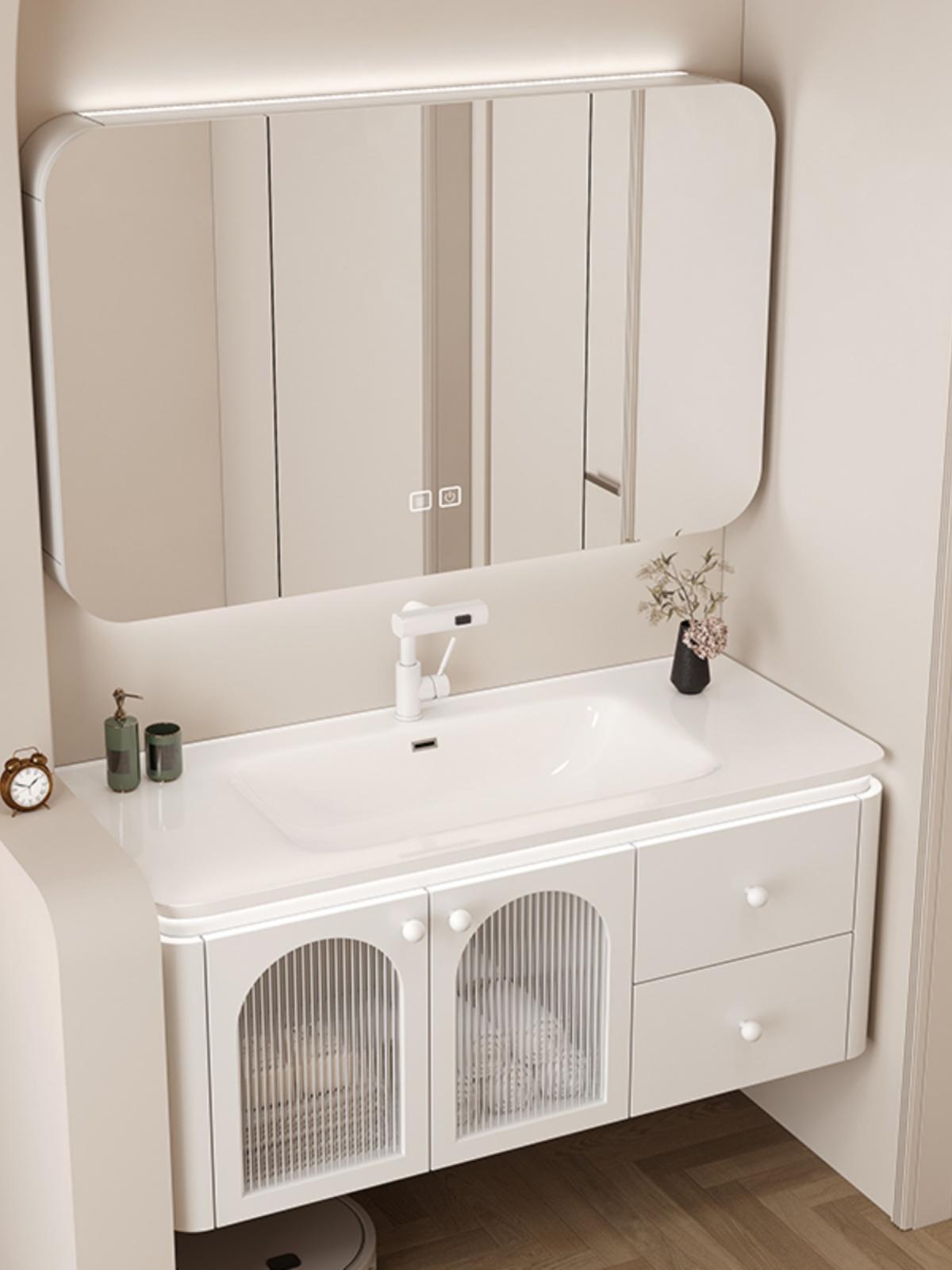 法式奶油陶瓷一体浴室柜现代简约洗脸盆洗手盆柜组合卫生间洗漱台