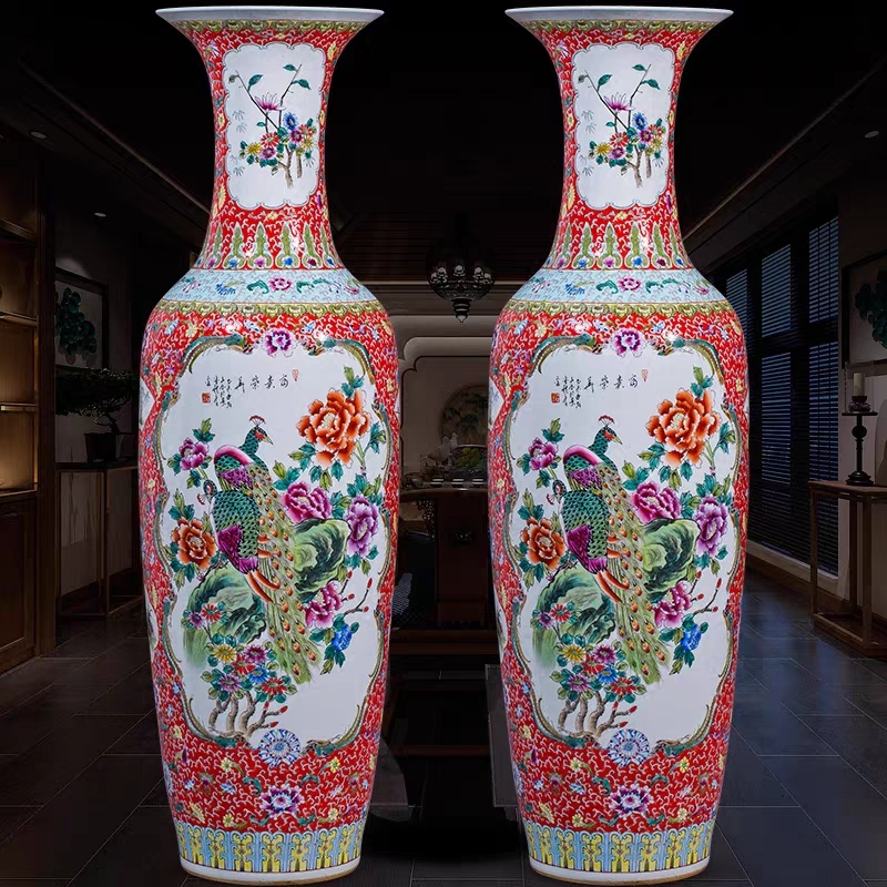 景德镇陶瓷器仿古手绘孔雀大花瓶中式客厅装饰品落地摆件开业送礼
