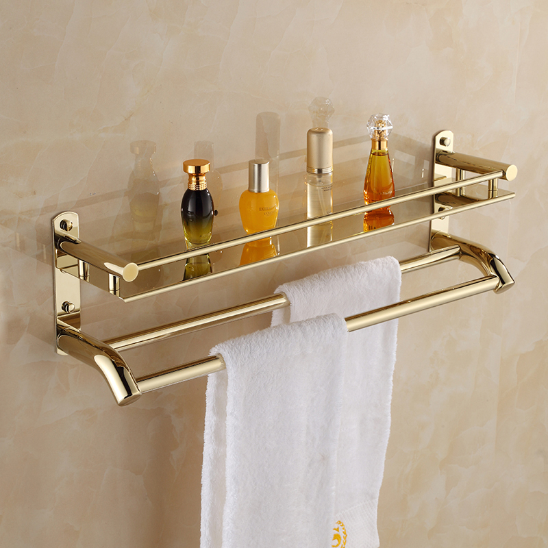 浴室不锈钢浴巾架子卫生间双层毛巾架壁挂折叠2层金色卫浴置物架
