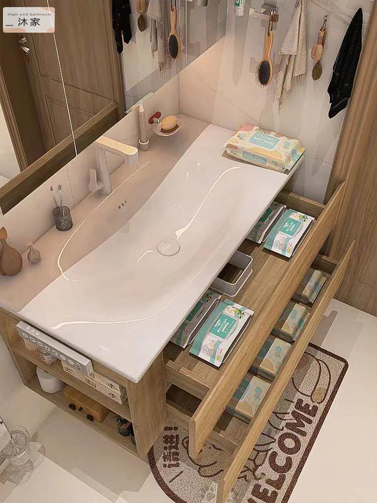 日式原木风杜邦可丽耐陶瓷一体盆浴室柜组合洗脸盆洗漱台卫浴定制