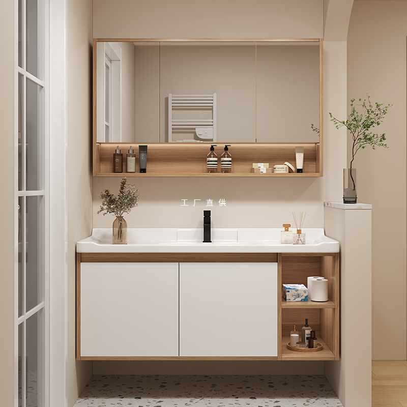 热销现代简约实木一体陶瓷岩板智能浴室柜组合卫生间洗脸盆柜套装