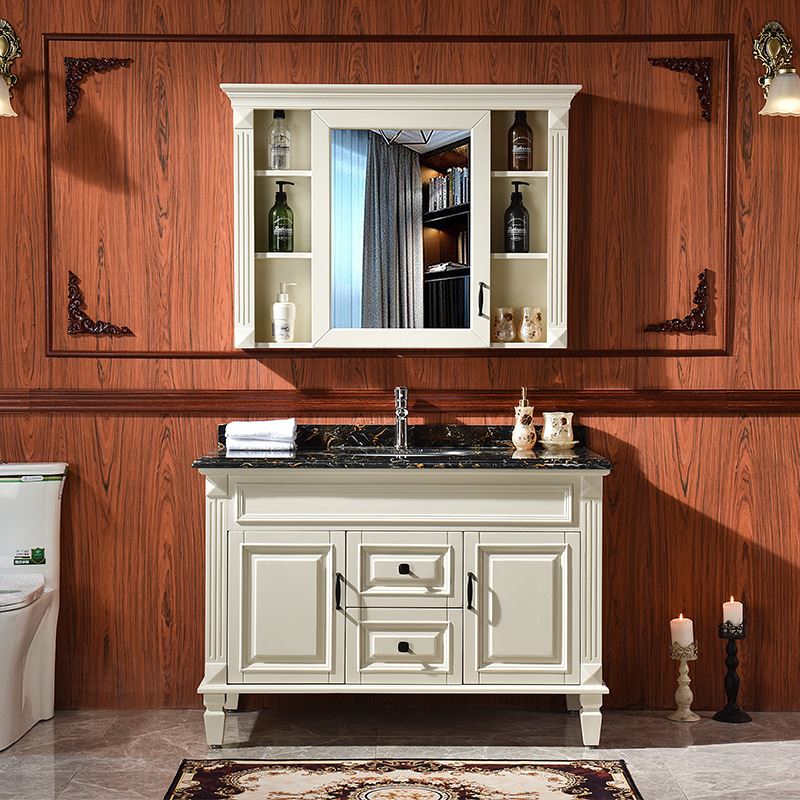 现货美式红橡木浴室柜组合落地洗脸盆池实木洗手洗漱台卫生间镜柜