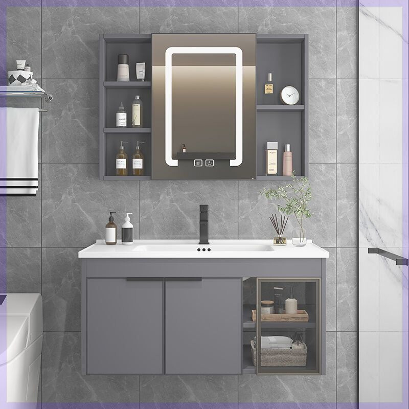 新款加厚太空铝浴室柜组合卫生间陶瓷一体盆岩板台面洗脸盆柜简约