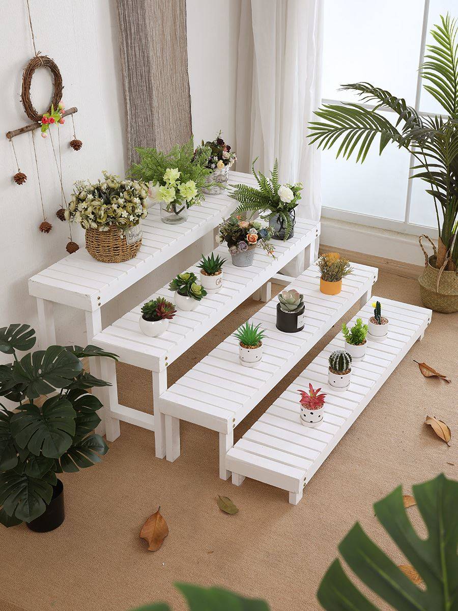 花盆庭院多层花凳白色单个防腐阳台实木花架架梯形脚踏落地式阶梯