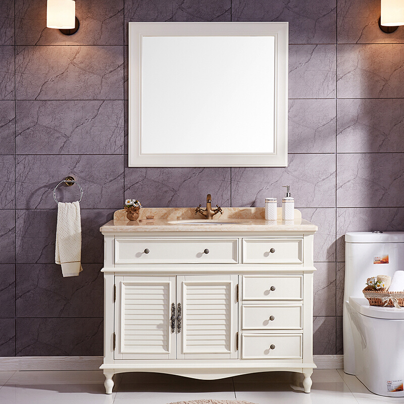 新款美式浴室柜组合橡木落地式大理石洗脸盆柜洗手池实木卫生间洗