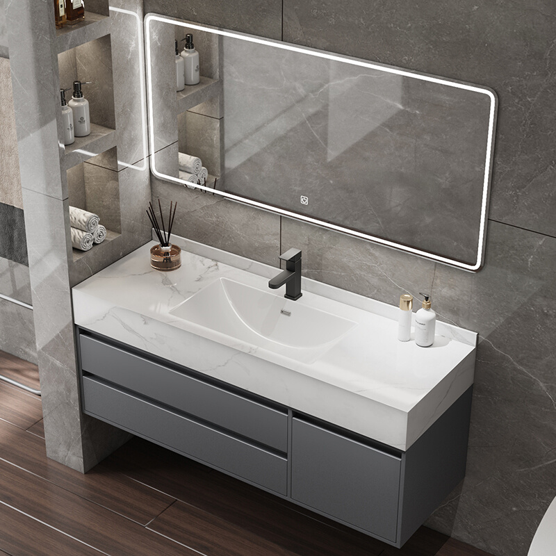 新款简约实木岩板无缝陶瓷盆浴室柜智能镜柜卫生间洗手洗脸盆柜洗