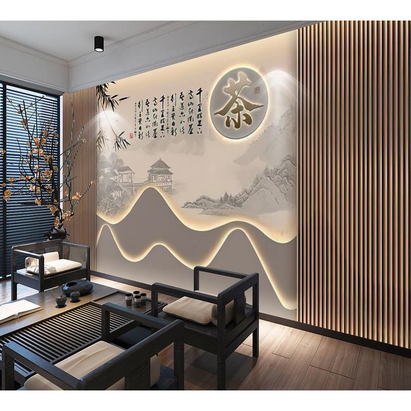新中式8d客厅茶室墙纸茶厅背景墙茶艺壁画棋牌室立体复古养生壁纸