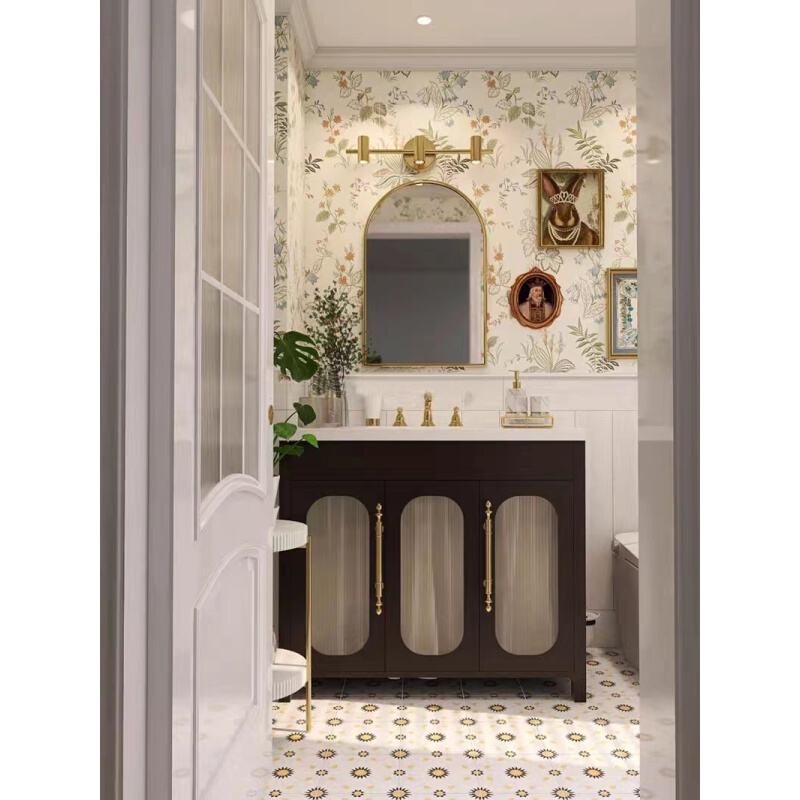 法式复古岩板浴室柜组合美式轻奢黑色实木卫浴柜洗手洗漱洗脸盆柜