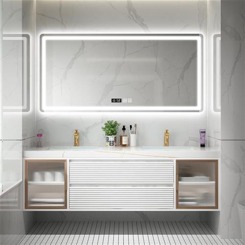 新中式岩板浴室柜组合实木橡木洗漱台卫生间智能镜双盆洗手洗脸盆