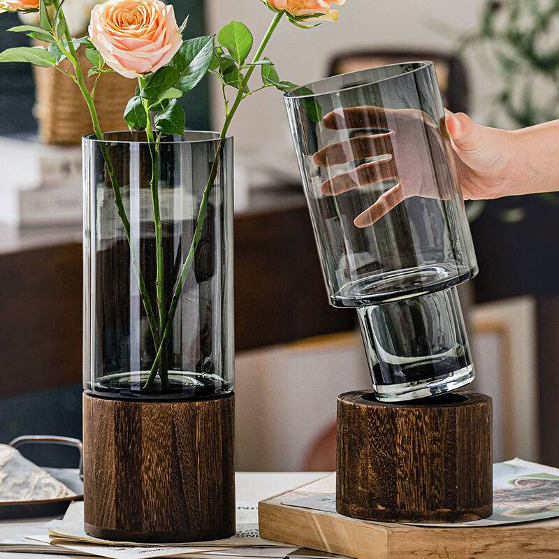 北欧轻奢玻璃花瓶摆件创意实木底托水养玫瑰鲜花餐桌客厅插花装饰
