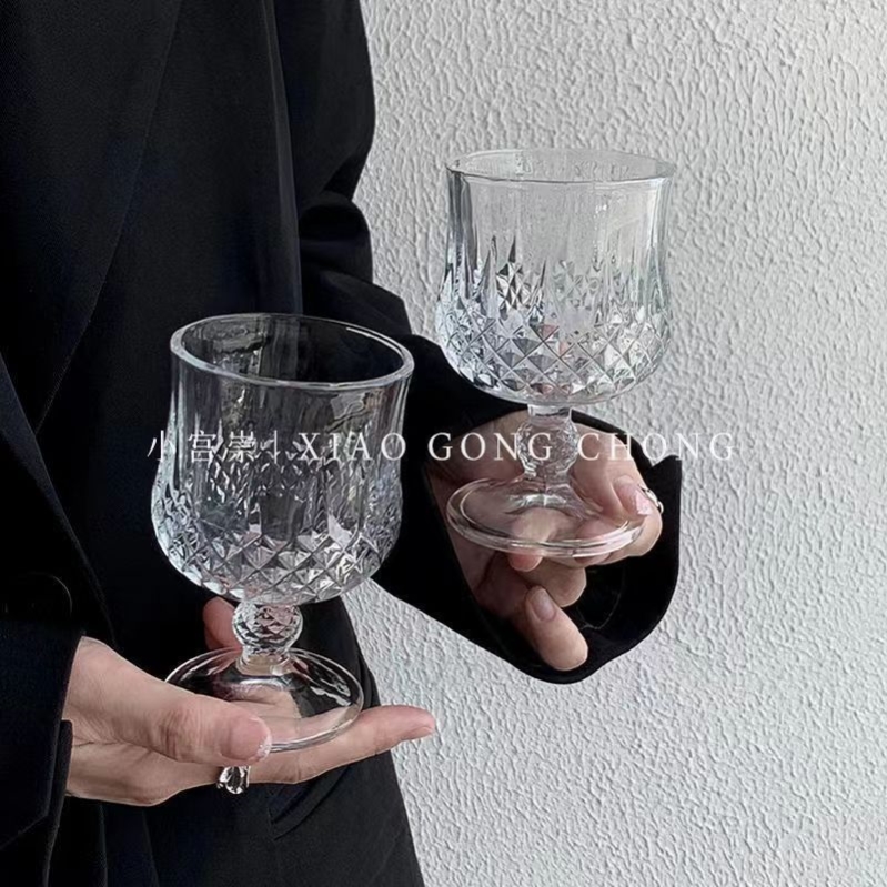 新疆包邮钻石浮雕玻璃杯ins风复古高颜值甜果酒饮料杯鸡尾酒杯高