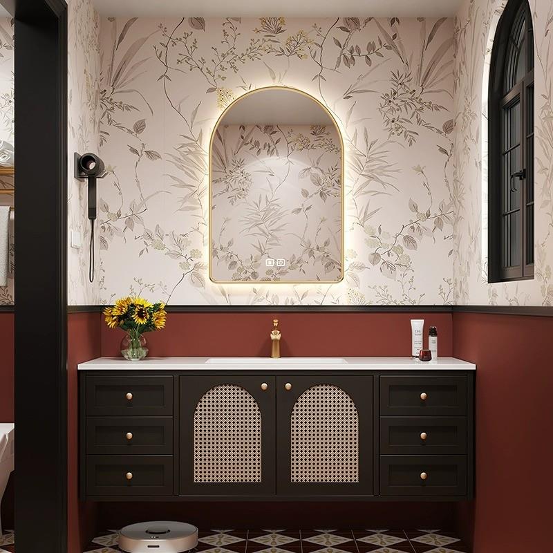 法式橡木烤漆浴室柜组合卫生间无缝一体洗漱台卫浴柜洗脸盆柜组合