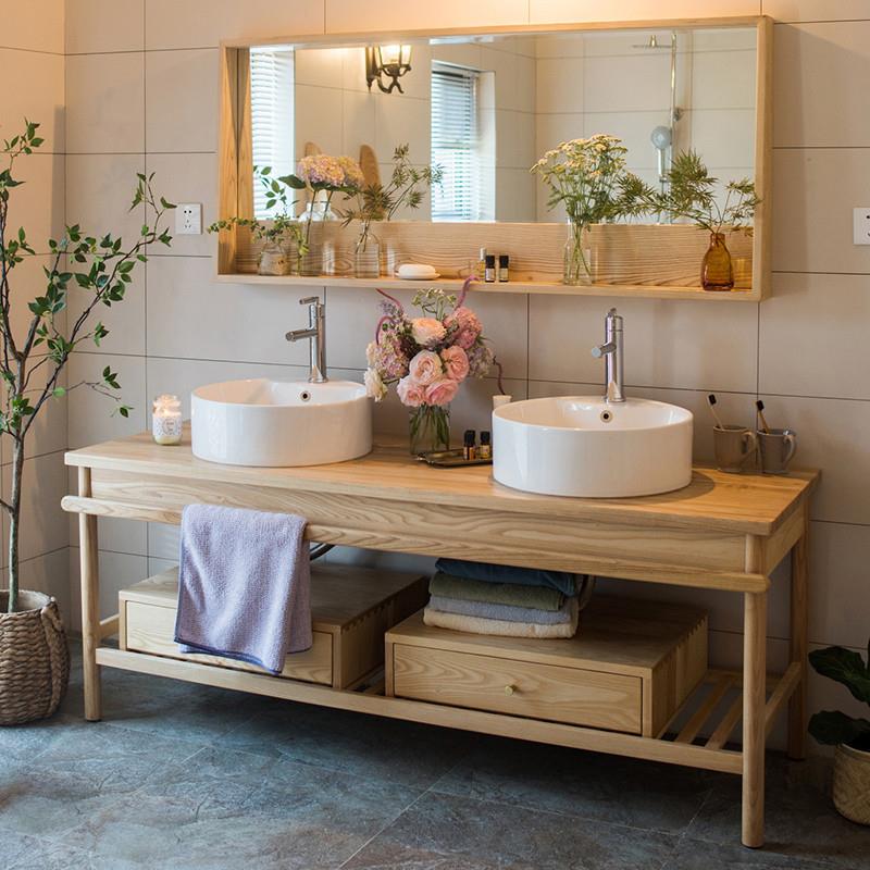 全实木浴室柜组合日式简约白蜡木卫浴镜柜卫生间一体洗漱台洗手盆