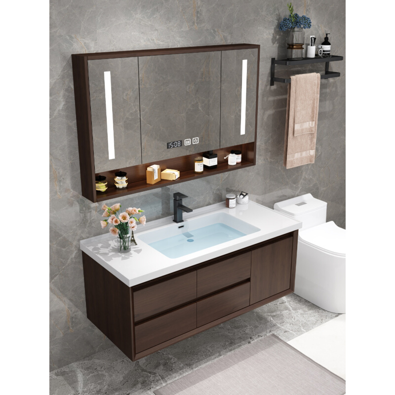 新中式一体陶瓷盆浴室柜组合橡木实木吊柜卫生间洗脸洗漱台卫浴柜