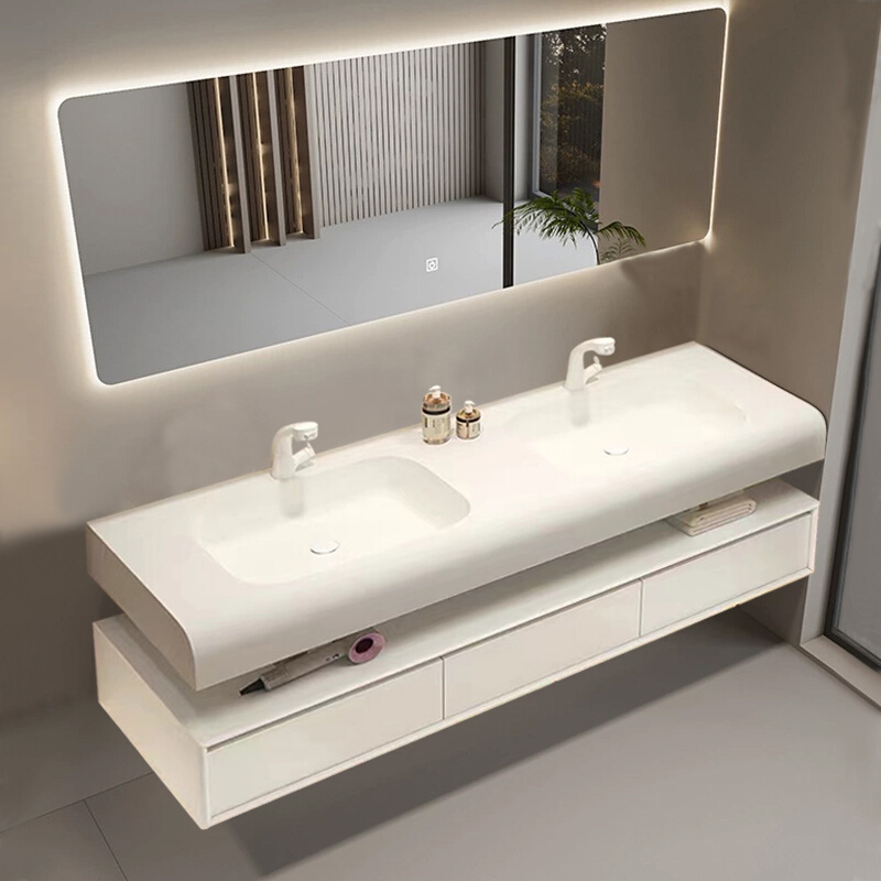 现代简约浴室柜组合可丽耐一体双盆橡木卫浴柜实木洗脸洗漱手台盆