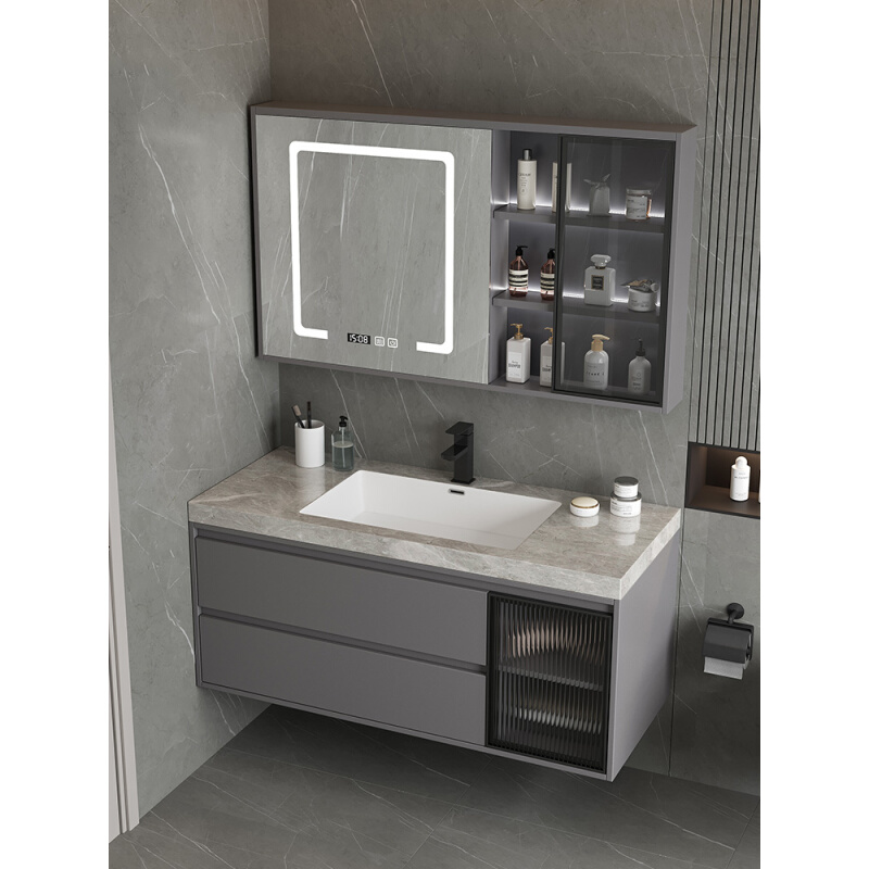 北欧玻璃门岩板无缝盆浴室柜台组合套装简约洗手洗脸盆镜柜卫生间