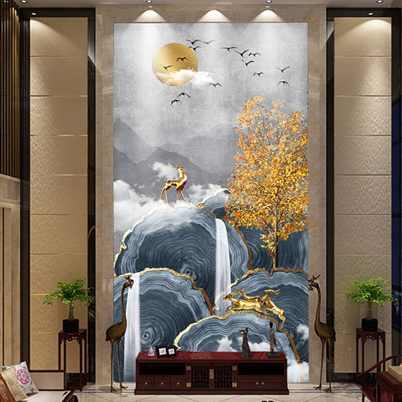 8d新中式玄关走廊壁纸轻奢禅意抽象进门墙布麋鹿山水意境墙纸装饰