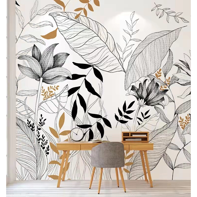 北欧抽象线描植物壁纸定制客厅沙发背景墙纸餐厅酒店黑白叶子壁画