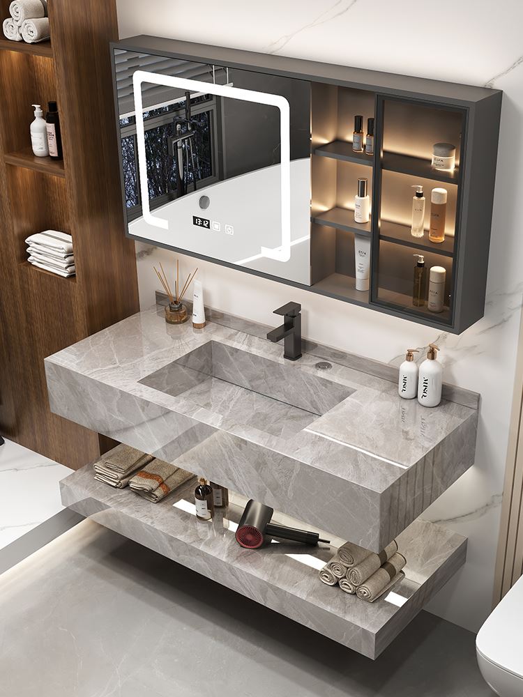 现代简约智能浴室柜岩板一体盆卫生间洗手台盆洗漱池洗脸盆柜组合