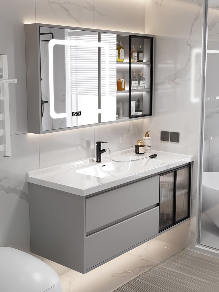 轻奢岩板浴室柜柜组合现代简约智能实木洗手洗脸面盆卫生间洗漱台