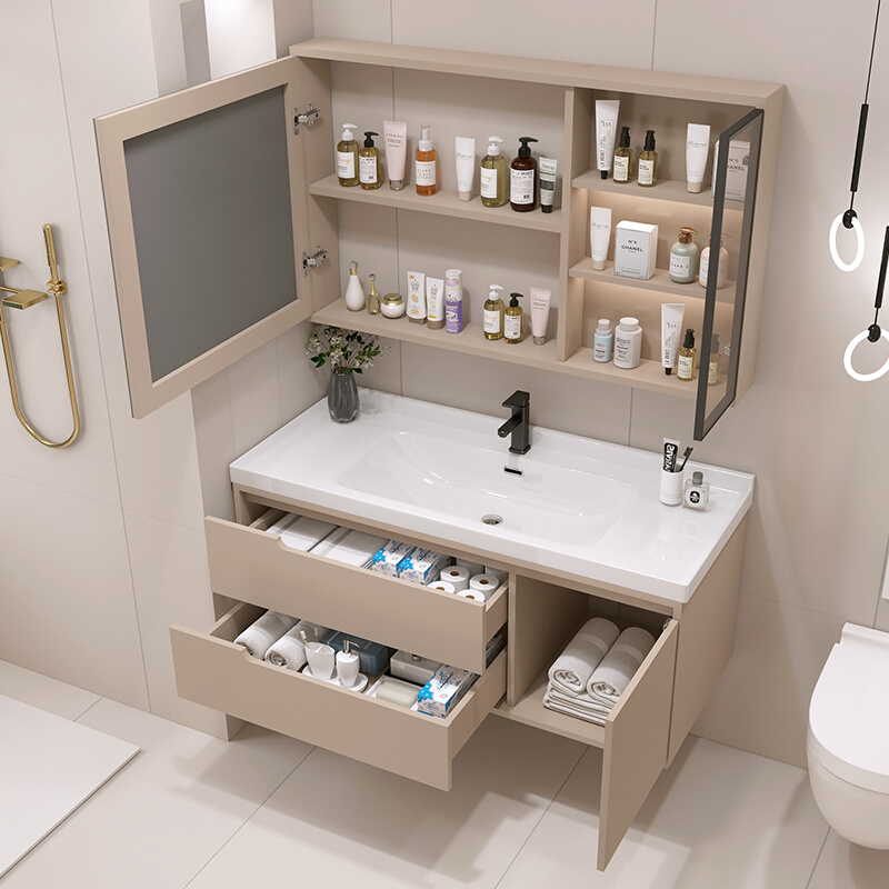 实木浴室柜组合陶瓷一体盆洗手洗脸盆洗手台卫生间智能新款奶油风