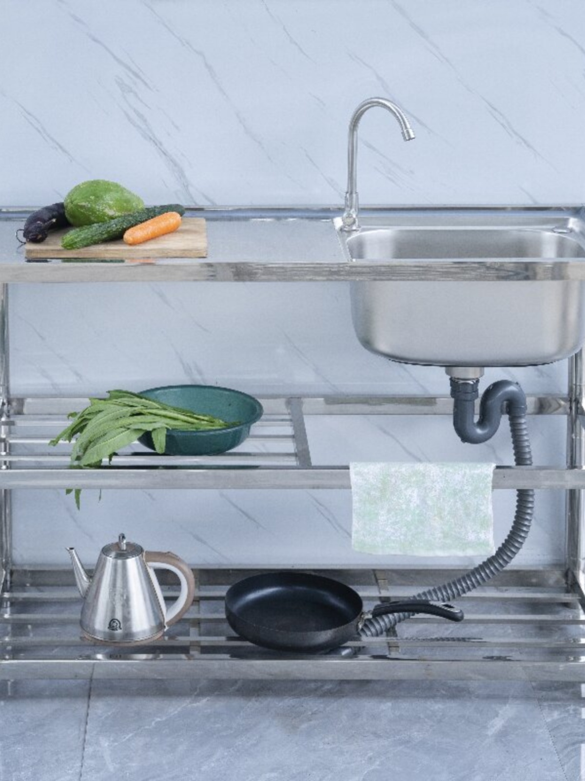 定制不锈钢水槽厨房单盆洗菜池一体式简易落地支架带工作台洗碗盆