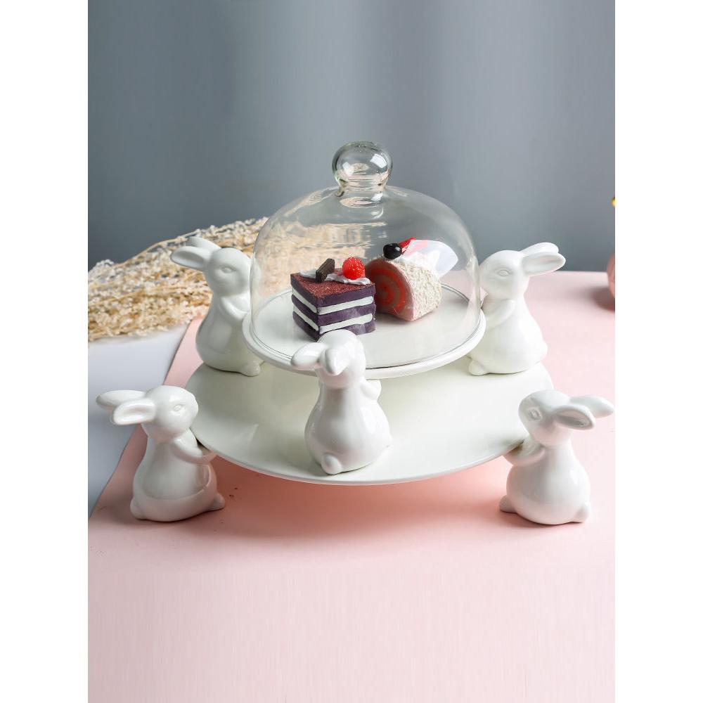 北欧陶瓷兔子甜品盘家用水果蛋糕架纯白宴会点心托盘创意高脚摆盘