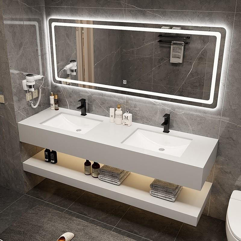 现代简约岩板双台盆浴室洗手盆柜组合公共卫生间双人洗漱台洗脸池