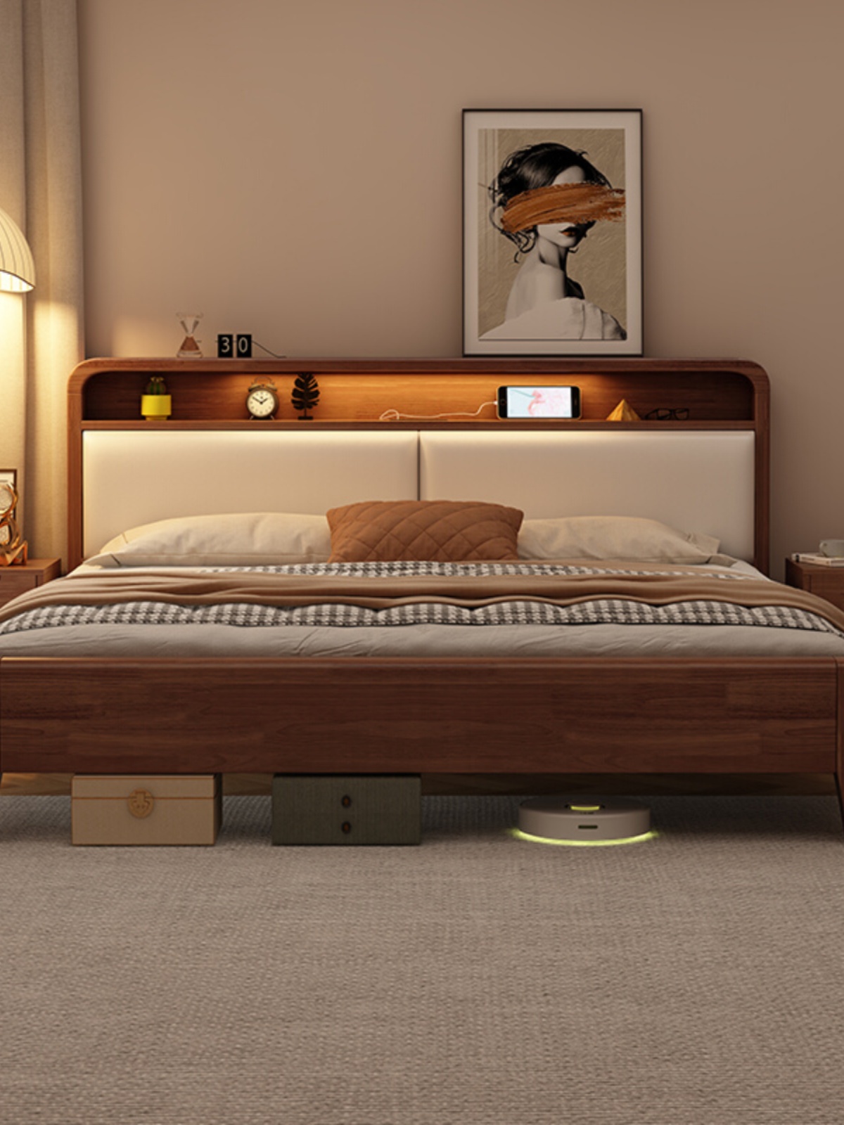 北欧实木床日式胡桃色带灯1.8米双人床高箱储物软床单人床1.5家