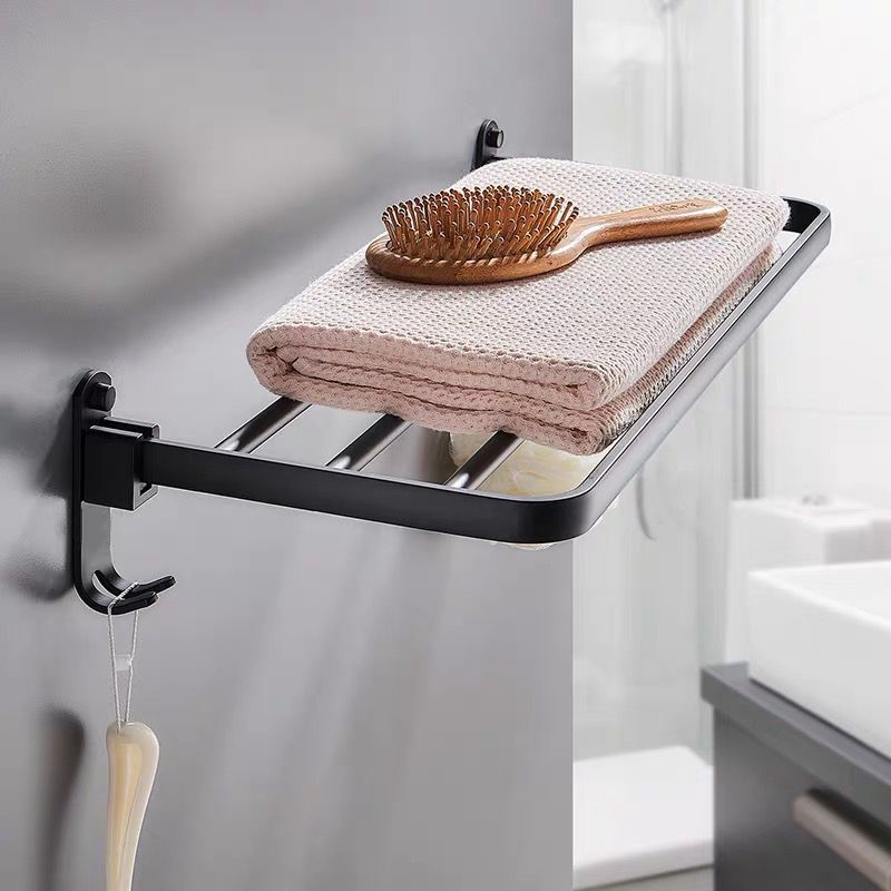 欧式卫生间黑色单层浴巾架免打孔折叠毛巾架置物架浴室毛巾杆卫浴