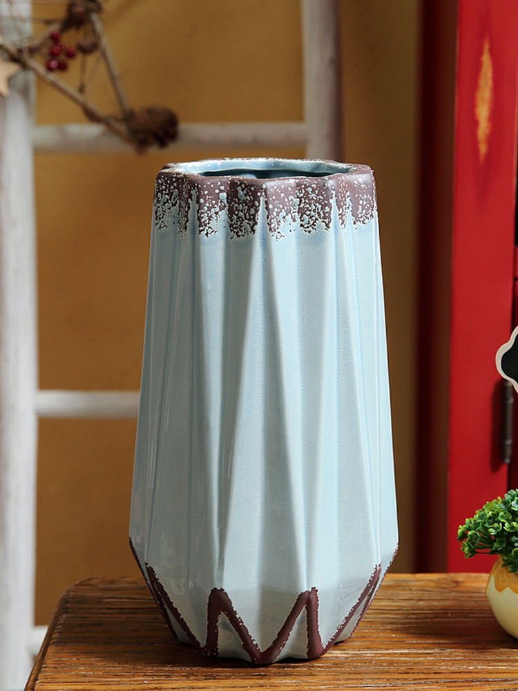 复古钻菱纹款陶瓷花瓶摆件美式乡村花器陶艺家居客厅装饰品花瓶