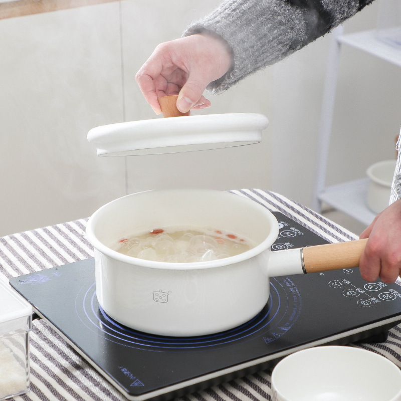 日本搪瓷锅家用双嘴单柄奶锅 汤锅电磁炉燃气通用加厚汤锅不生锈