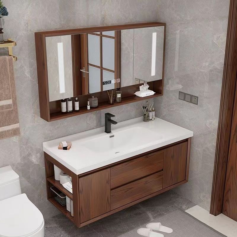 新中式红橡木智能浴室柜一体陶瓷盆卫生间洗漱台洗手洗脸盆组合