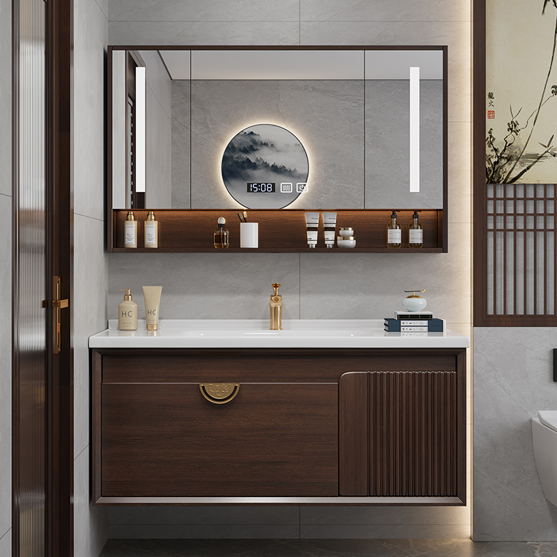新中式浴室柜组合岩板陶瓷一体盆卫生间橡木实木壁挂式洗脸洗漱台