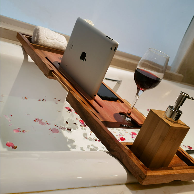 收纳木浴室手机支架伸缩架浴缸泡澡浴盆木桶盖板搁板竹浴缸置物架
