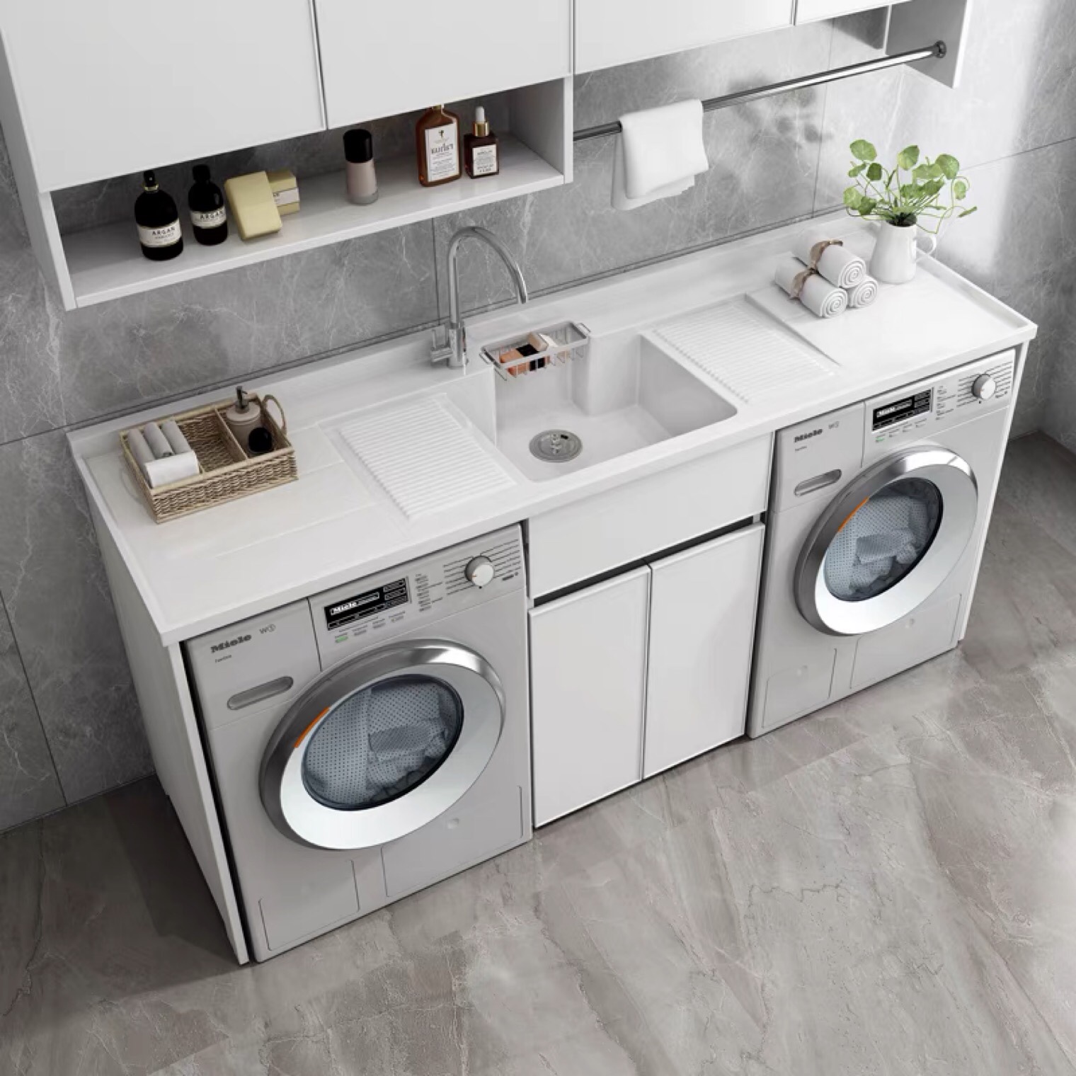 阳台洗衣柜定制切角太空铝烤漆柜简约现代一体组合双洗衣机烘干机