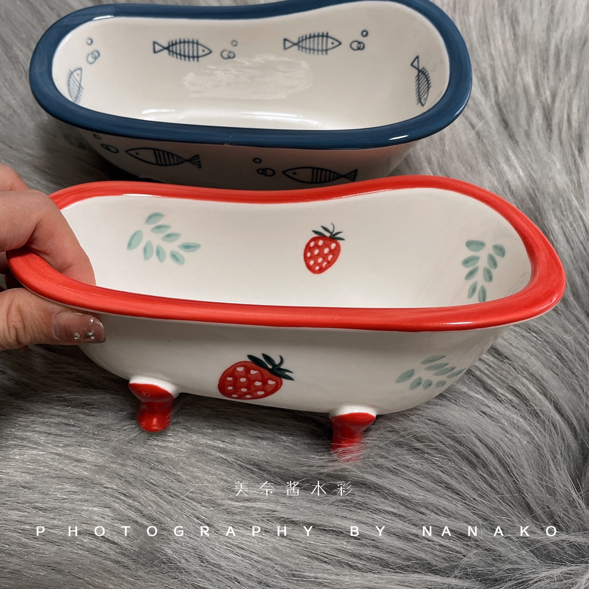 可爱草莓 小鱼浴缸陶瓷笔洗 洗笔筒洗笔缸