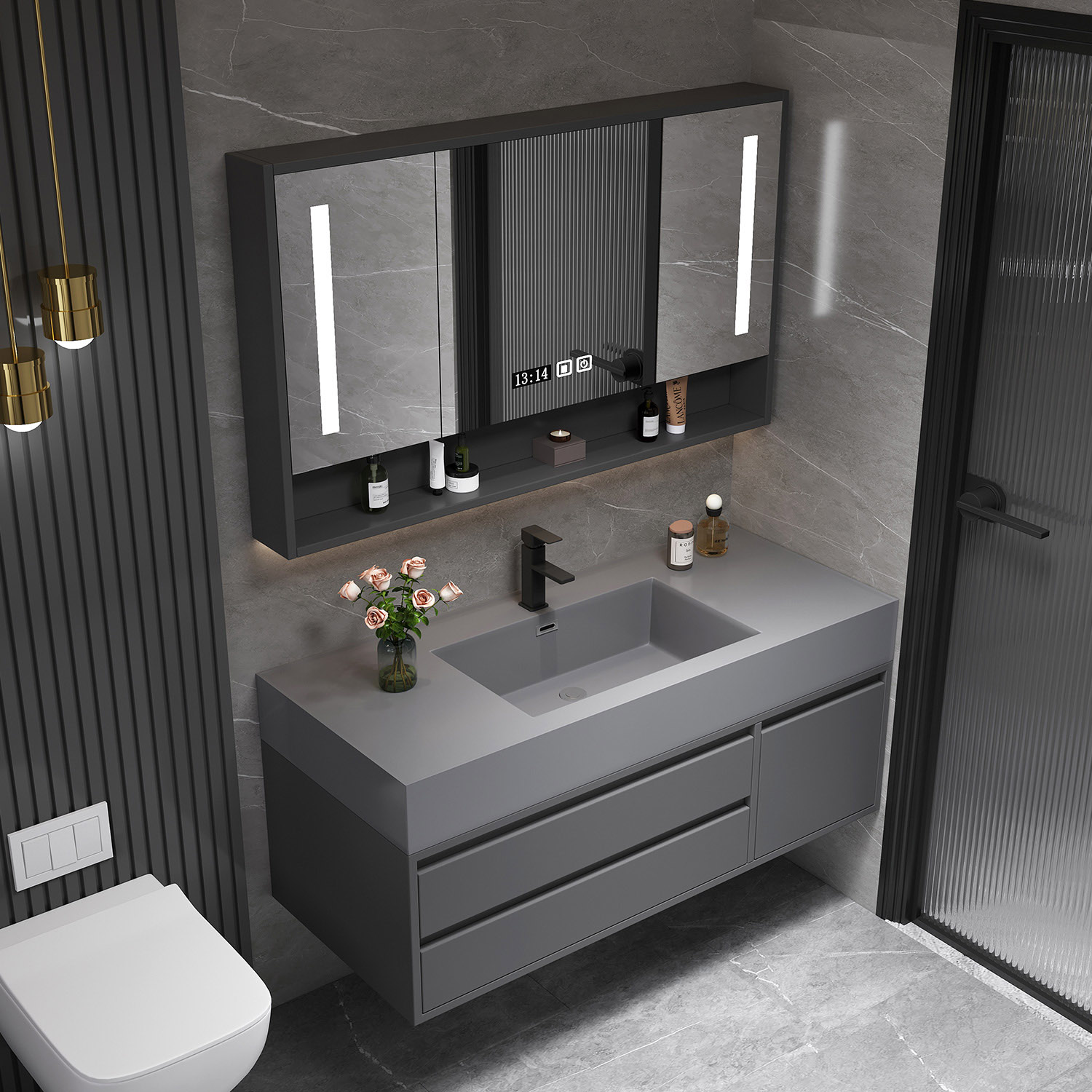 家用浴室柜组合新款智能镜柜面盆岩石洗脸盆洗手盆卫生间洗漱台盆