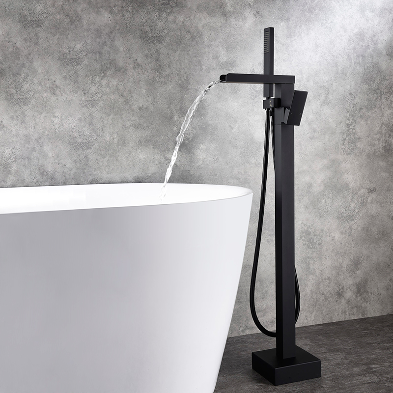 浴室全铜冷热落地浴缸龙头缸边独立式立柱形瀑布出水淋浴花洒套装