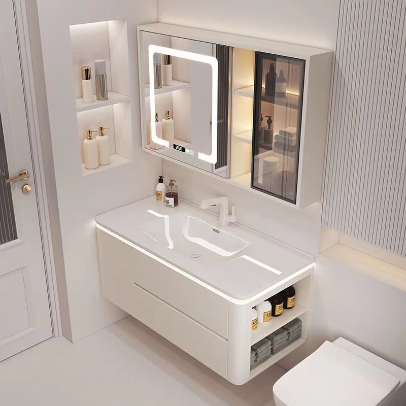 奶油风陶瓷一体智能镜浴室柜组合简约洗手脸盆柜卫生间洗漱台卫浴