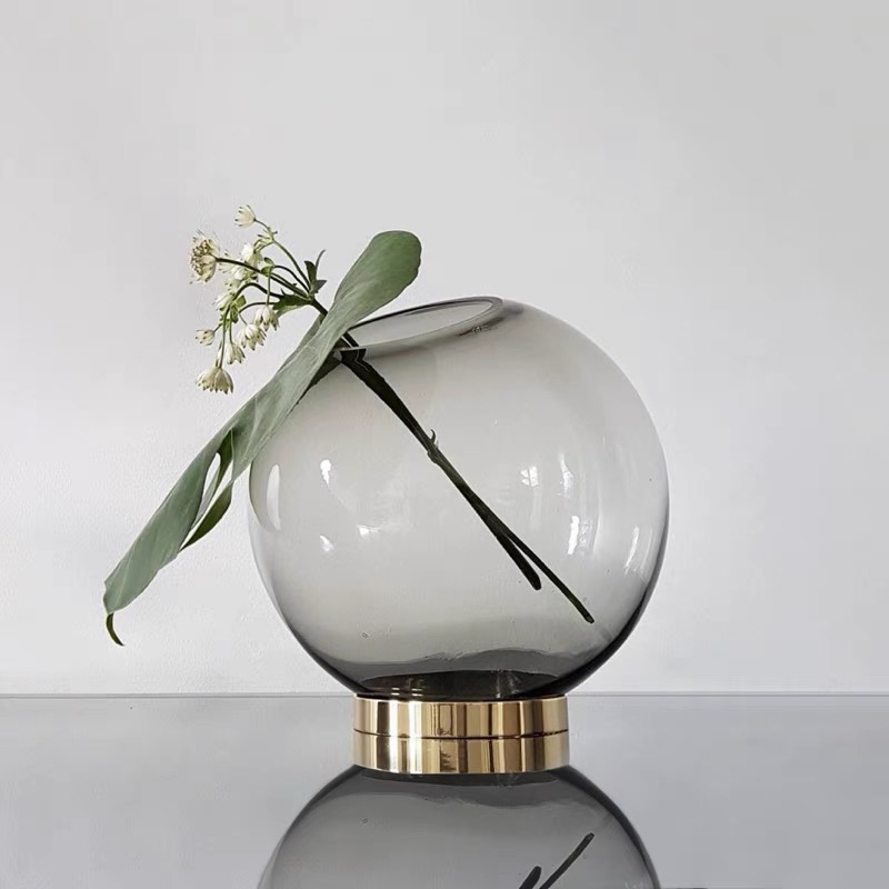 简约欧式ins金色底座透明圆球玻璃花瓶家居客厅水培鲜花华艺摆件